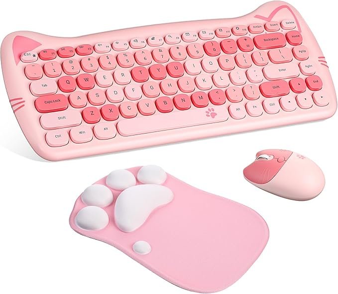 Cute Cat Keyboard and Mouse Combo, USB Wireless with Cat Paw Mouse Pad, Silent 84 Keys 2.4 GHz Compatible with Notebook PC