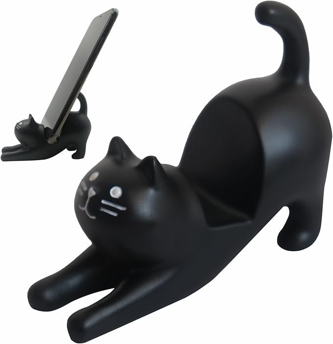 Cute Cell Phone Holder Stand for Desk, iPhone Mount for Office Tablet Accessories Gifts, Cool Desktop Decor Gadgets to Support Your Cellphone for Men Women Boys Girls - Kawaii Black Cat