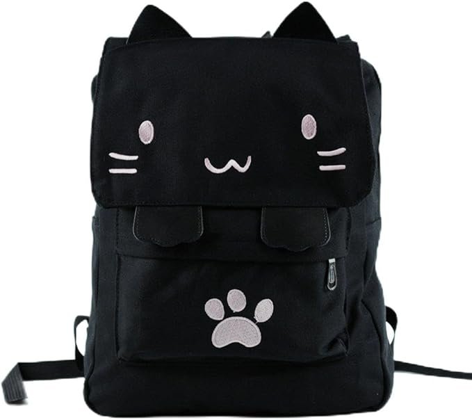 DemonChest Black College Cute Cat Embroidery Canvas School Backpack Bags for Kids Kitty