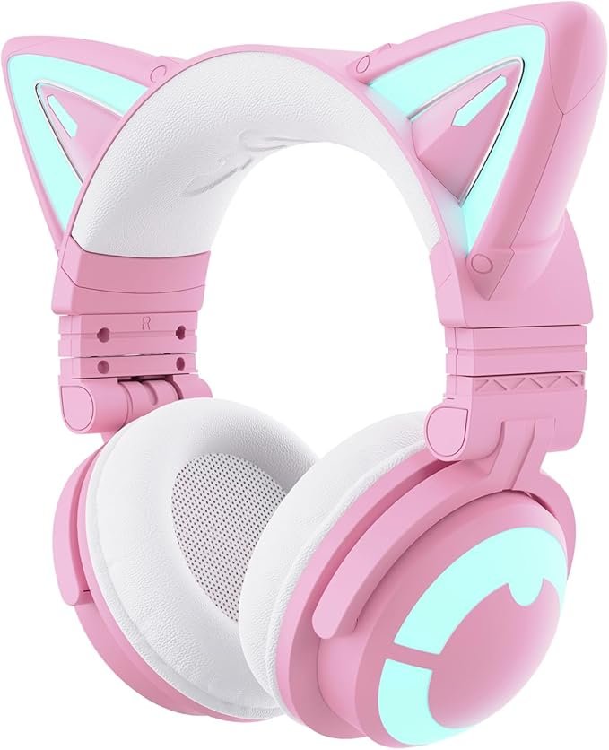 YOWU Cat Ear Headphones CE, Wired/Wireless Pink Gaming Headsets with Seamless Live Sound Experience for PC/PE/Switch/PS4/PS5, Built-in Mic & Customizable RGB Light Effect for Anime Lovers