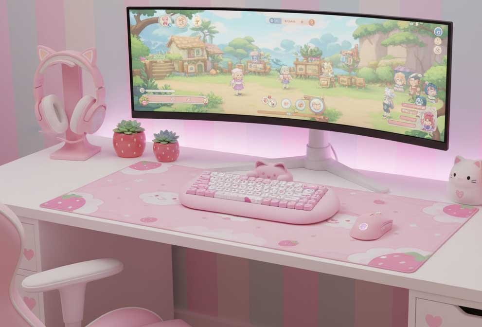A white desk setup with a pink theme, featuring a curved ultrawide monitor displaying a colorful game, a pink mechanical keyboard with white keys, a matching pink gaming mouse, a pink cat ear headphone stand with headphones, two small potted succulents in pink strawberry-themed pots, and a white cat-themed mug. The desk has a large pink mouse pad with strawberry and cloud designs, and a white chair with pink heart accents. Soft pink lighting illuminates the background.