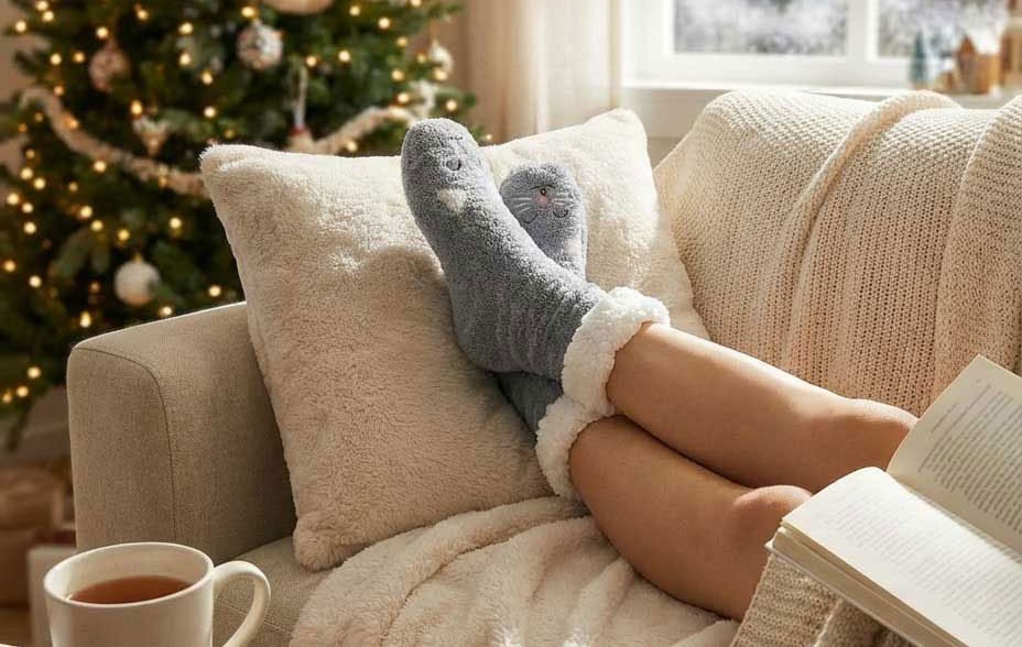 Person wearing cozy gray slippers and a knitted blanket, lounging on a cream-colored sofa with a book, a mug of tea on a wooden table, and a decorated Christmas tree in the background near a window with holiday wreaths.